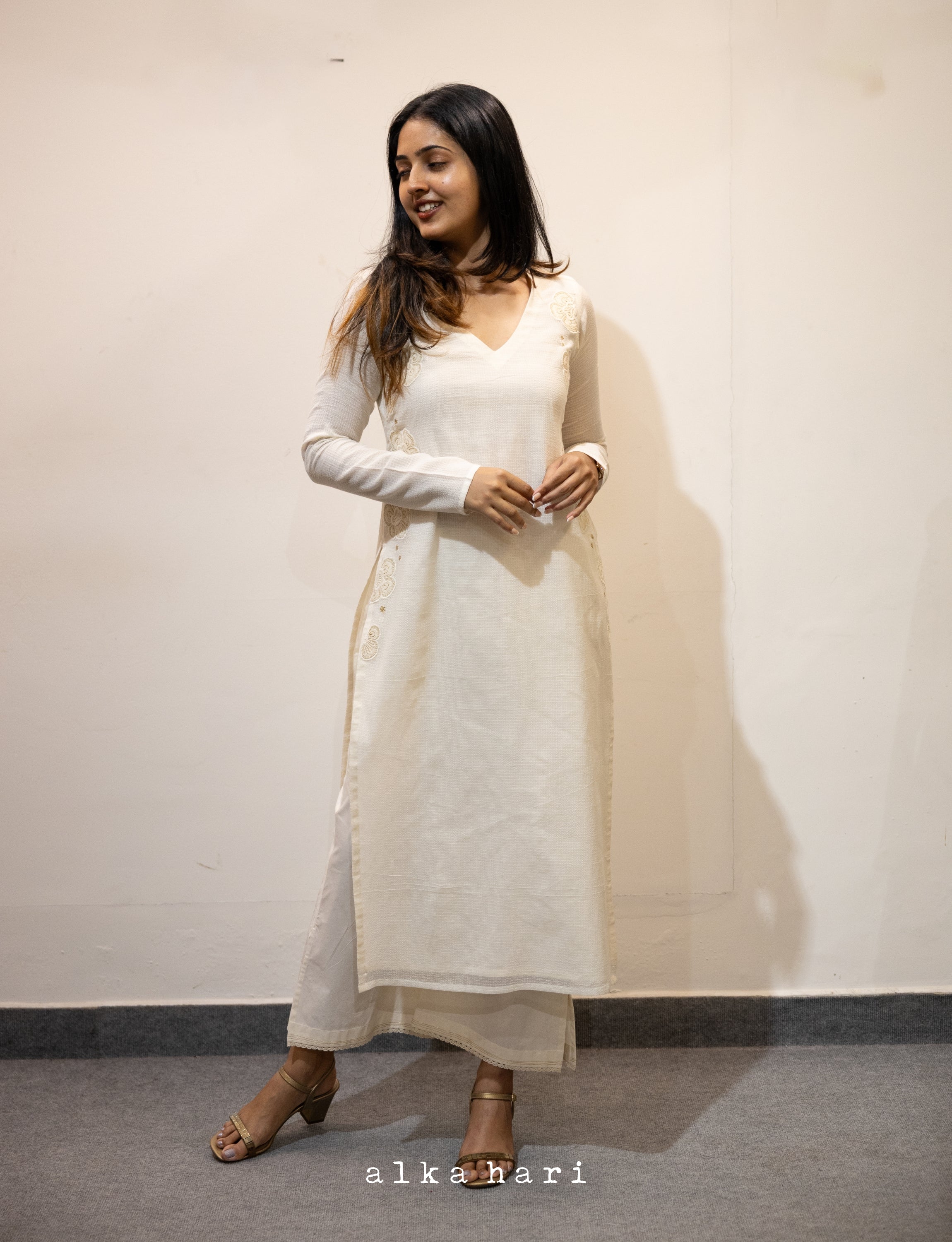 Off White Kota Kurta with Floral Patchwork